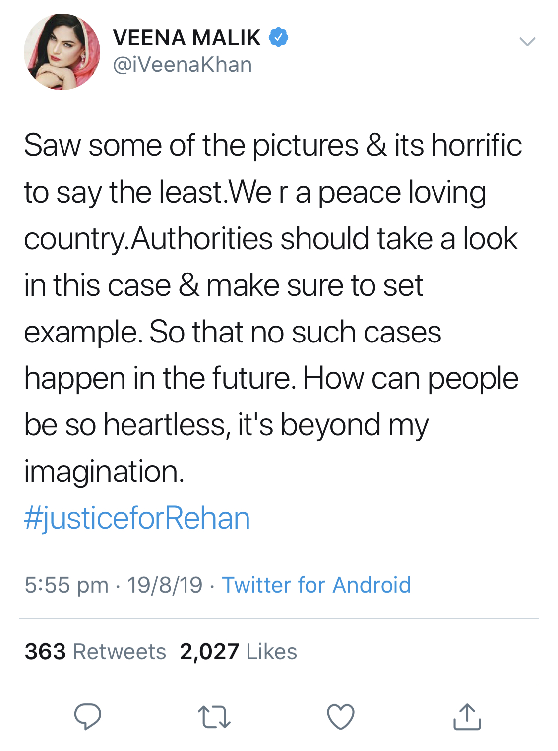 veena malik tweet for justice for rehan 