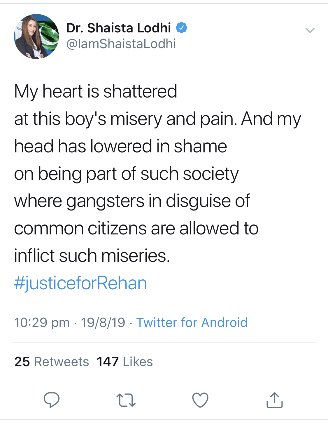 shaista Lodhi tweet for rehan 