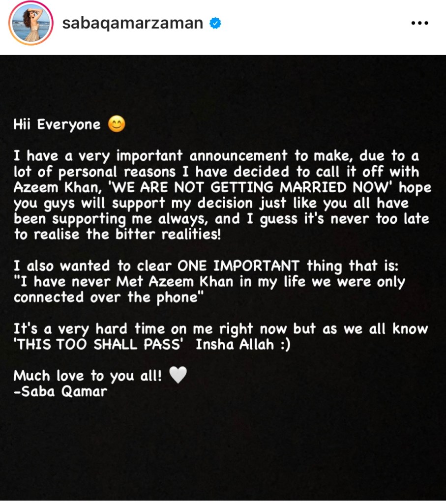 Saba Qamar called its Quite with Azeem Khan